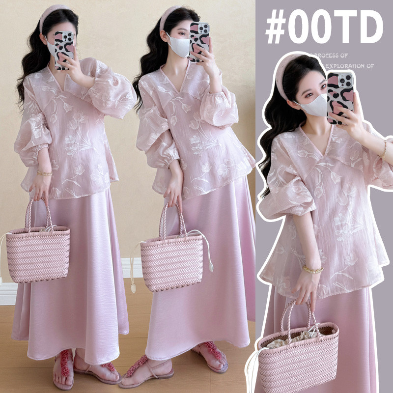 Bộ đồ bà bầu mùa hè phong cách Hàn Quốc, thiết kế jacquard và váy đeo chéo cỡ lớn