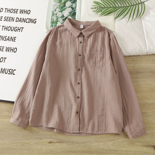 Áo sơ mi nữ thanh lịch phong cách Nhật Bản, chất liệu cotton nguyên chất, dáng dài tay
