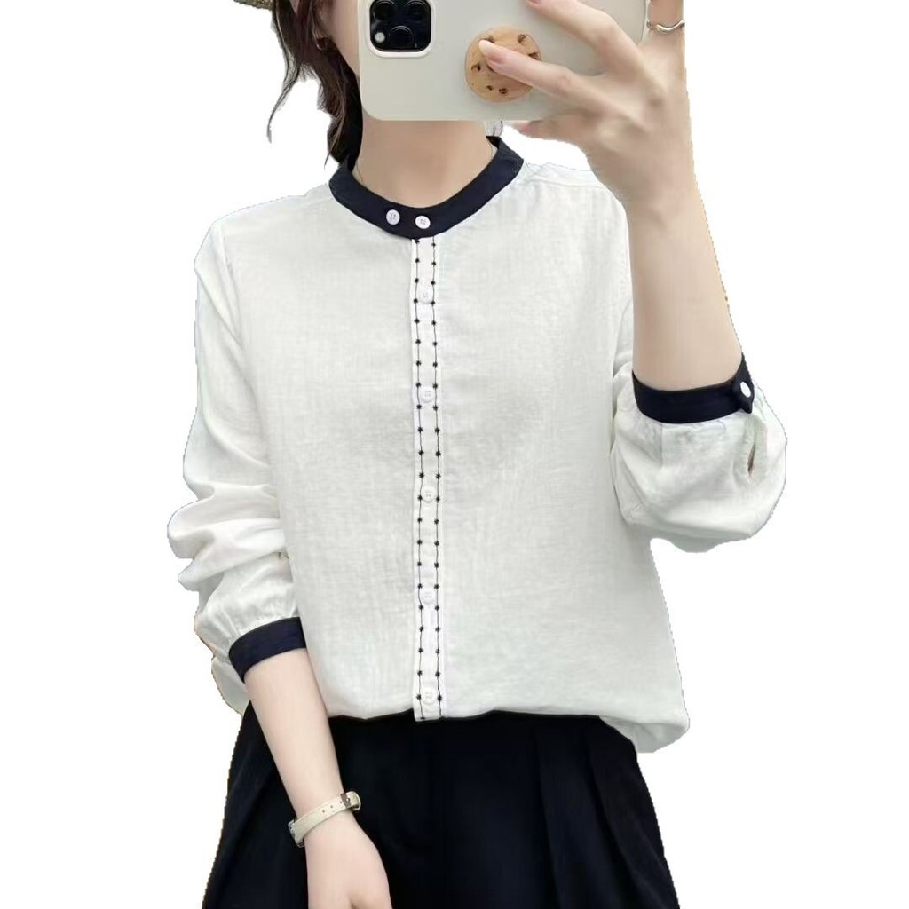 Sơ mi nữ cotton chất lượng cao, dáng rộng màu tương phản, style đại học