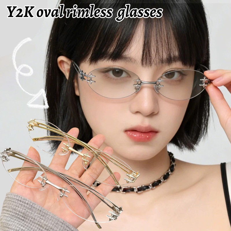 [GUUDUU] Kính hình bầu dục không vành bản lề kim loại - Phong cách Y2K, vintage - Dành cho nữ, tiện lợi khi chụp ảnh