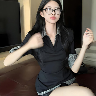 VM-Áo Kiểu Dáng ôm Sát Cổ Bẻ Họa Tiết Kẻ Caro, Tay Ngắn, Dành Cho Nữ.
