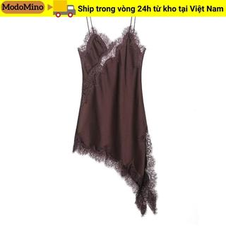 Đầm ren nữ MODOMINO, chất liệu satin, thiết kế không tay với dây đeo chéo bất đối xứng và cổ chữ V thanh lịch, phù hợp cho dạ hội.