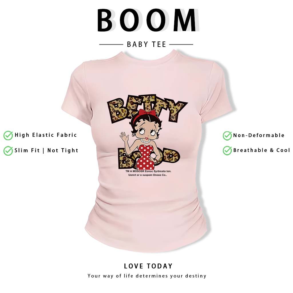 BOOM Áo Baby Tee Nữ Cotton Ôm Body-Áo Thun Ngắn Tay Y2K In Hình PhongCách Mùa Hè, Cổ Tròn Hàng Đầucách hàn quốc phongW31