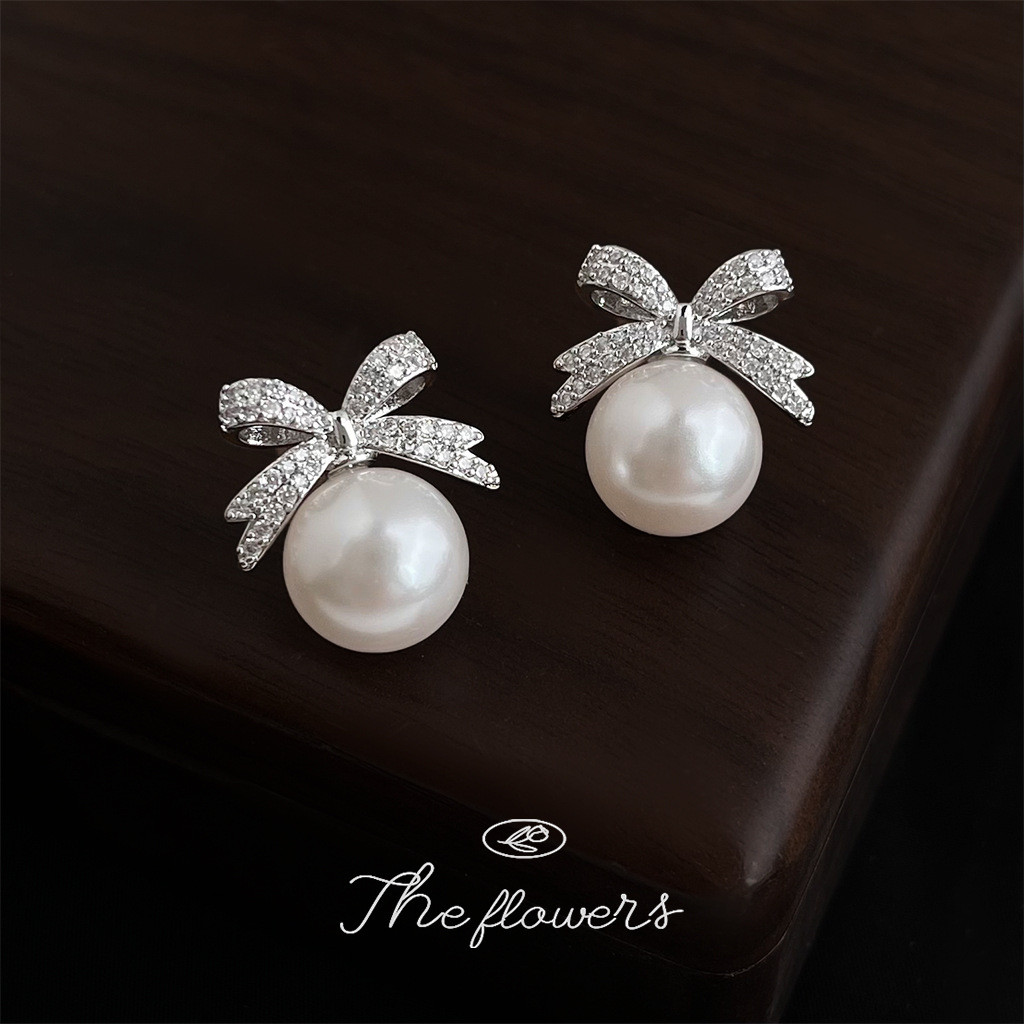 Bông Tai Zircon Micro-Ind Crystal và Pearl bạc 925, Finish Kim ánh Sáng, Style Hàn Quốc, Elegant