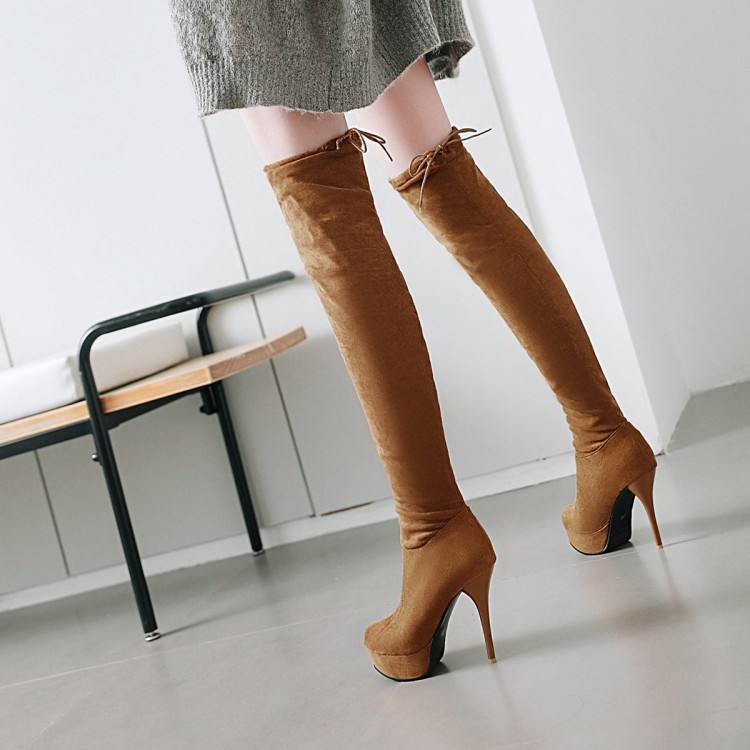 VNHX32-48 Kích Thước Lớn Kích Thước Nhỏ Thời Trang Ngón Chân Tròn Gợi Cảm Siêu Cao Gót Trên Đầu Gối Giày Bốt Ren Lưng Da Lộn Dây Lưng Chống Thấm Nước Giày Nền Tảng