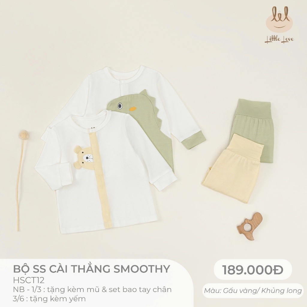 Bộ Sơ Sinh cài thẳng dài tay chất liệu smoothycho bé từ 0-6 tháng (HSCT12) tặng kèm mũ, sét bao tay chân hoặc yếm