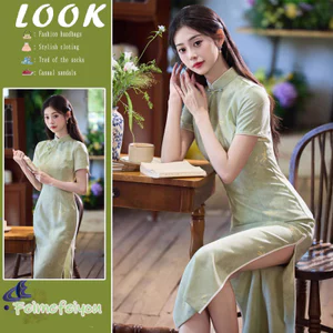 Cổ điển sườn xám nữ tay ngắn, phong cách thanh lịch