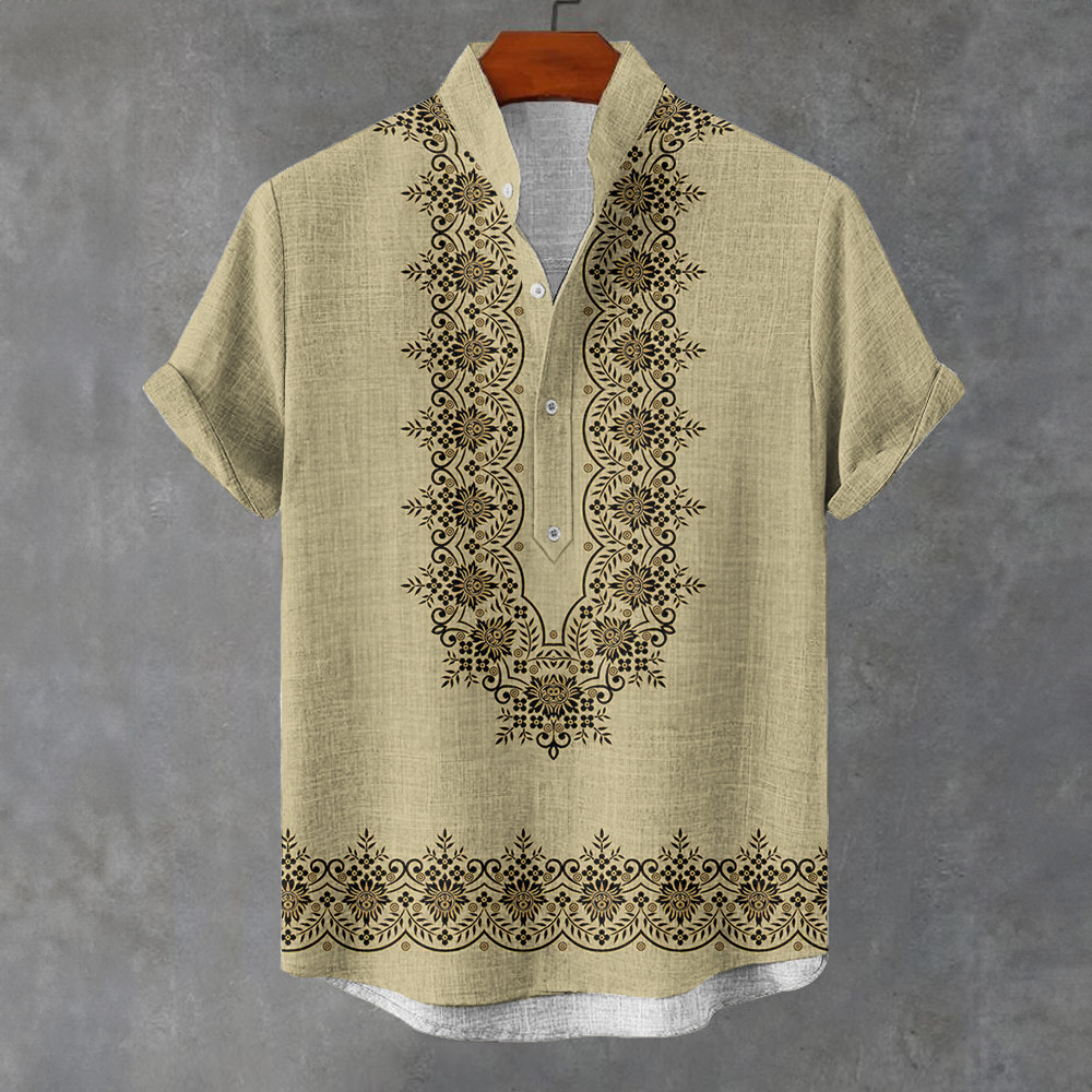 Áo sơ mi nam phong cách dân tộc, tay ngắn, họa tiết vintage oversize, phù hợp dạo phố