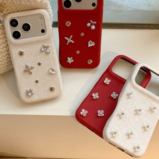 Hàn Quốc 3D Kim Cương Anh Đào Hoa Đỏ Da PU Ốp Lưng Điện Thoại iPhone 17Promax 17Pro 14 15 16 Pro Max 13 Chống Sốc Ngọt Ngào Nữ Tính Nữ Vỏ Di Động