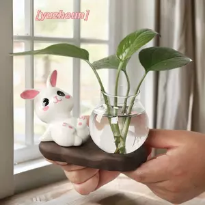 Bình thủy tinh trong suốt hình thỏ dễ thương, bình cây thủy canh để bàn có đế gỗ