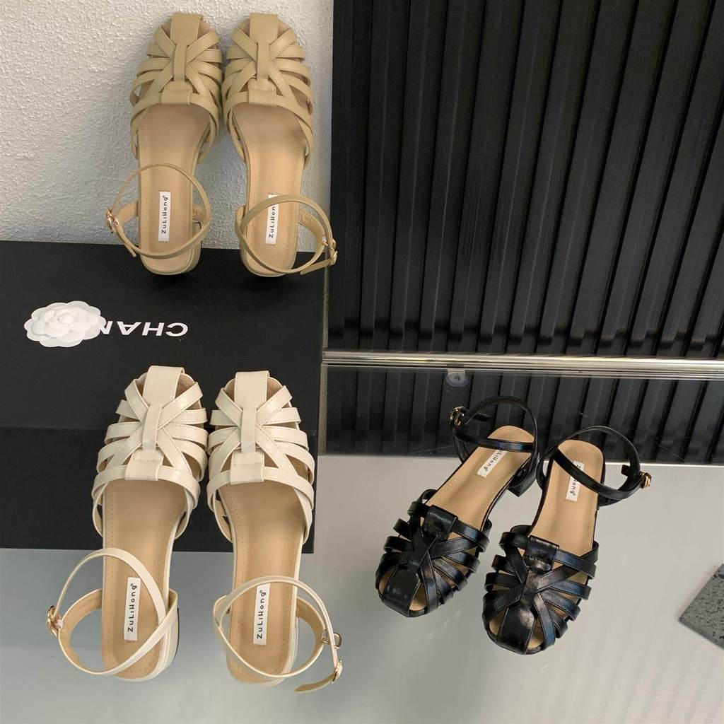 Giày Sandal Dệt TT Gót Dày Rỗng Đế La Mã Giày Nữ Da Thật Thời Trang