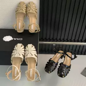 Giày Sandal Dệt TT Gót Dày Rỗng Đế La Mã Giày Nữ Da Thật Thời Trang