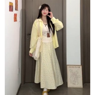 Bộ ba món size lớn phong cách thanh lịch cho nữ gồm áo khoác ngoài + áo camisole + chân váy