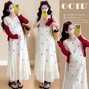 Bộ đồ bà bầu mùa xuân gồm váy và áo cardigan chống nắng, thiết kế hai mảnh