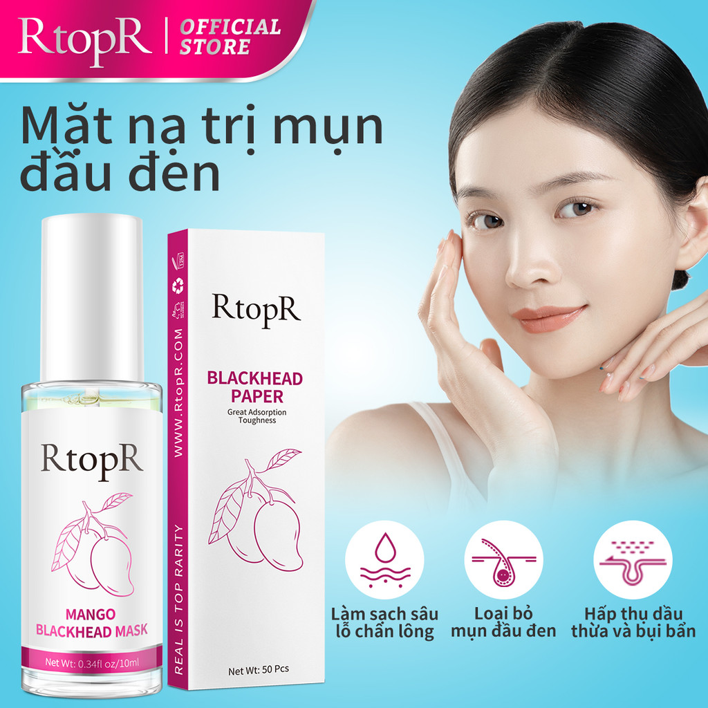 RtopR Set sản phẩm lột mụn đầu đen gồm serum + 50 giấy lột mụn cho mũi 10ml RtopR Mango Blackhead Remover Mask Deep Cleans Pores 10ml+50pcs paper