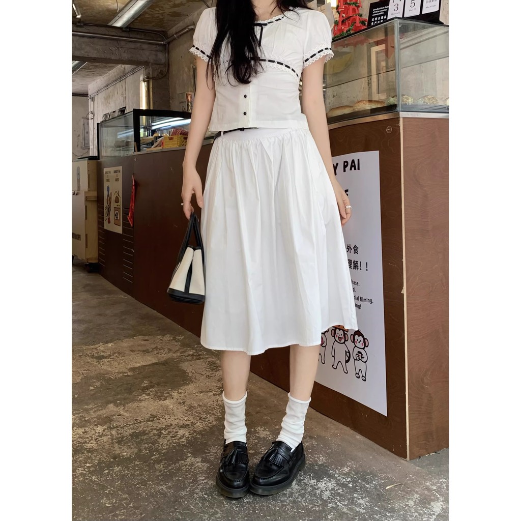 SUXI Váy chữ A preppy màu trơn nhẹ nhàng dành cho nữ mùa hè 260408