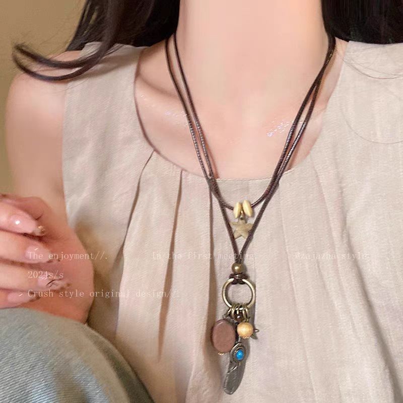 Retro Đôi Dây Da Hạt Gỗ Vòng Cổ Dài Phong Cách Dân Tộc Đau Khổ Đồng Mặt Dây Chuyền Áo Len Dây Chuyền Bohemian Kỳ Nghỉ Xếp Chồng Phụ Kiện