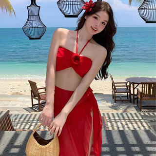 Áo tắm bikini cổ trễ màu đỏ dành cho nữ, kiểu váy bikini gợi cảm, xẻ tà, thích hợp cho mùa xuân nóng bỏng.