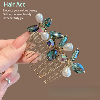 Mới! Lược phụ kiện tóc cô dâu màu xanh kim cương giả ngọc trai, phong cách Trung Quốc