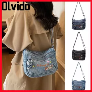 Túi đeo chéo OLVIDO, Túi đeo vai đa chức năng có dây đeo có thể điều chỉnh, Túi nhiều túi thời trang chất liệu Denim dung tích lớn Túi Tote sử dụng thông thường