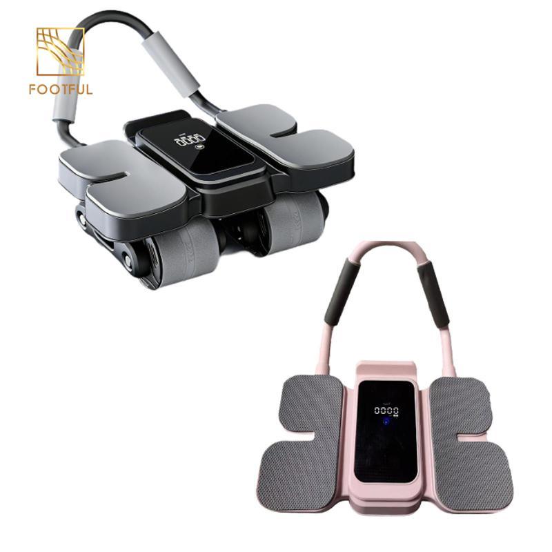 Thiết bị tập luyện bằng bánh xe lăn giúp tăng cường sức mạnh cơ bụng và có giá đỡ điện thoại để dùng tại nhà.