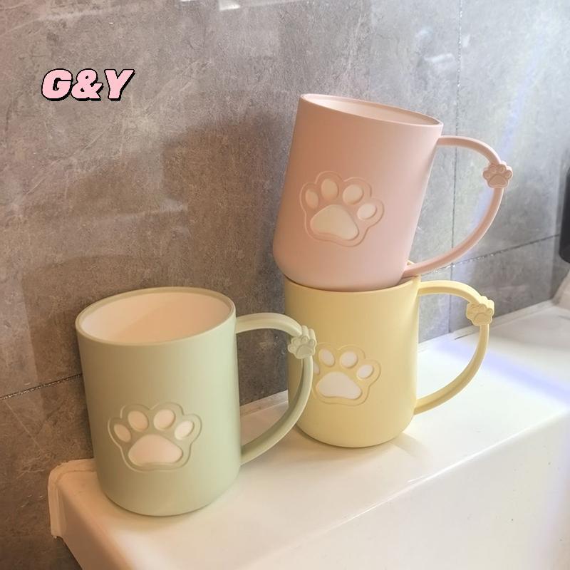 [G & Y-t] Cốc đựng bàn chải đánh răng cặp đôi Bàn chân mèo hoạt hình bằng nhựa dễ thương có tay cầm cho cốc rửa miệng trong phòng tắm [Mới]
