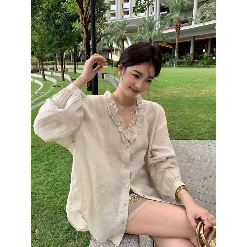 Áo sơ mi nữ cổ chữ V phong cách nhẹ nhàng kiểu Pháp, chất liệu mỏng mát, phù hợp mùa hè