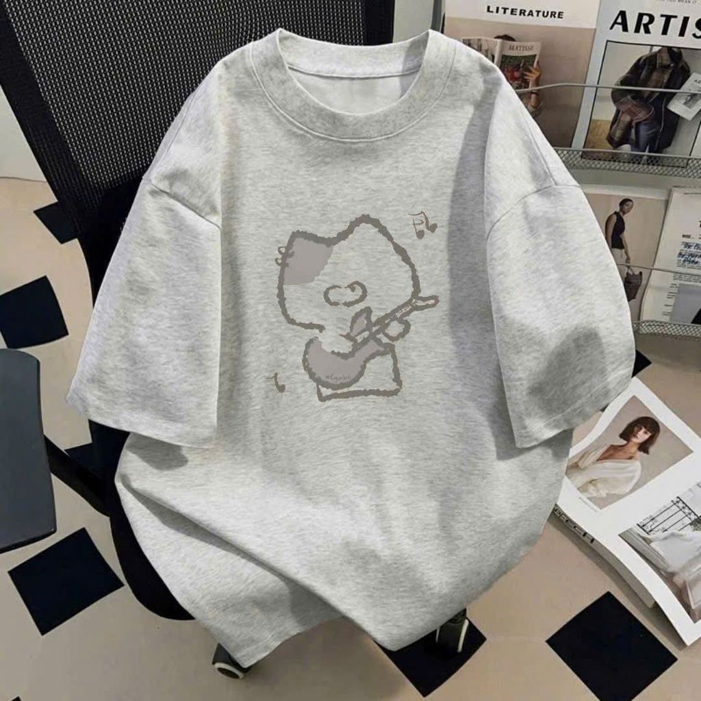 Áo phông basic tay lỡ thời trang, unisex họa tiết mèo đánh đàn