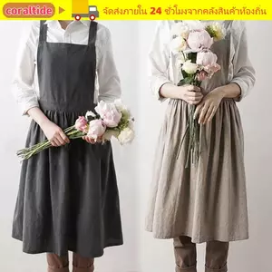 Tạp dề vải lanh CORALTIDE, Tạp dề hoa Cotton phong cách Hàn Quốc, Váy công sở Bắc Âu