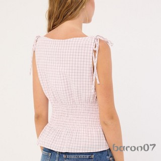 Áo Ba Lỗ Thắt Lưng Kẻ Sọc, Dây Đeo Vai Cổ Tròn Phối Vest Xù Viền
