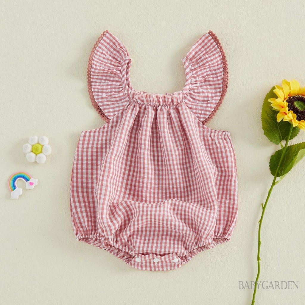 Bé Gái Kẻ Sọc Bong Bóng Romper Bay Tay Cổ Vuông Gingham Quần Áo Mùa Hè Dễ Thương