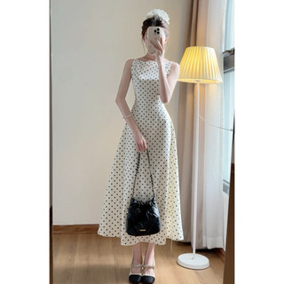Váy cổ thuyền họa tiết chấm bi dáng xòe chất chéo hàn quốc, Váy Cổ Thuyền Chấm Bi Tiểu Thư