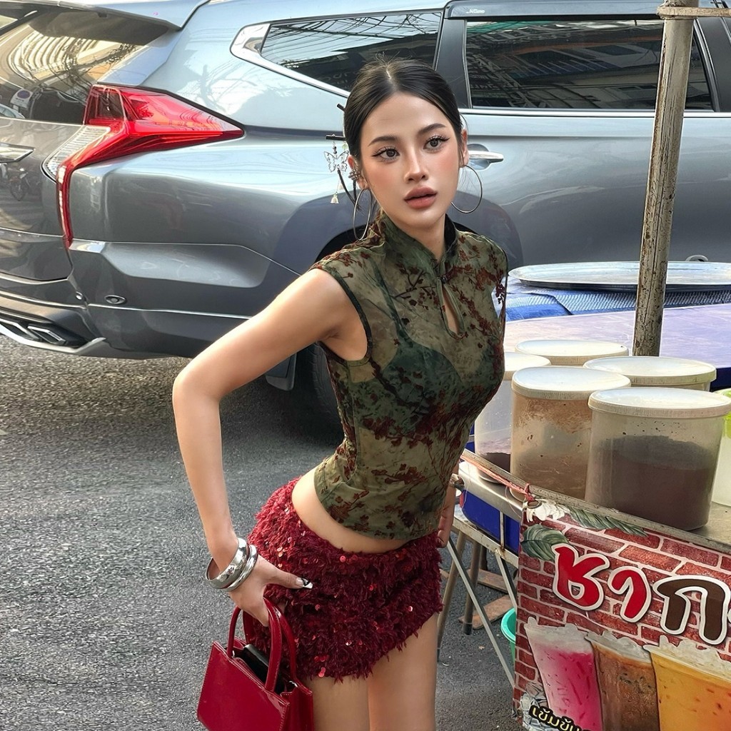 CuteNew Áo Tank Top Nữ Gợi Cảm Hoa Mai In Hình, Co Dãn, Thích Hợp Cho Câu Lạc Bộ Và Đường Phố