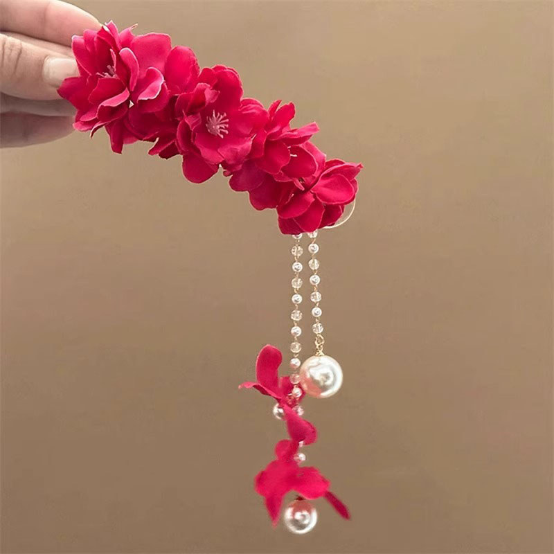 Kẹp Tóc Handmade Vải Camellia Nhiều Lớp Pleat với Ngọc Trai và Họa Tiết Hoa Mỏ Vịt