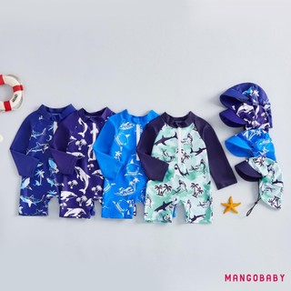 MG-Toddler Baby Rash Guard Đồ bơi Dễ thương In hình cá mập Dây kéo Bộ đồ tắm dài tay có mũ bơi