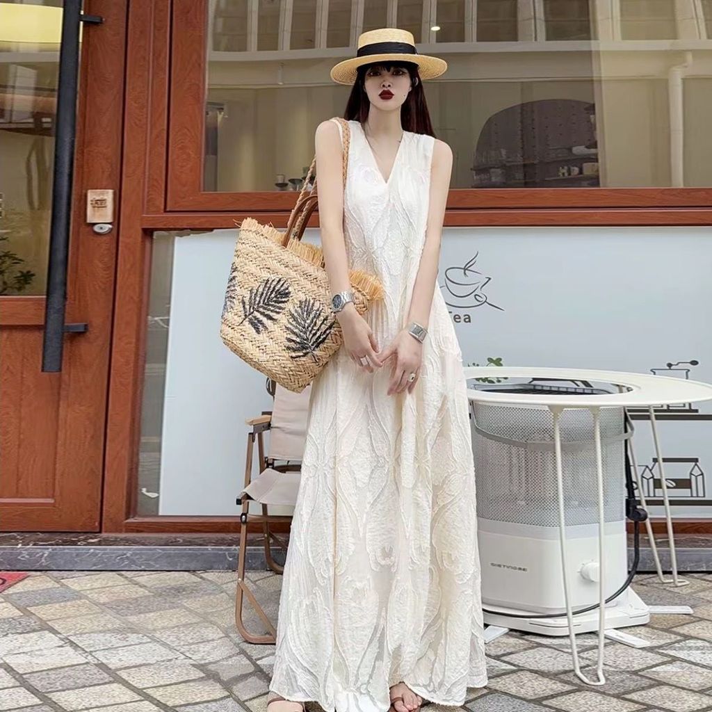 Váy dài đến mắt cá chân phong cách mới, thêu cao cấp, dáng rộng cỡ lớn cho mùa hè