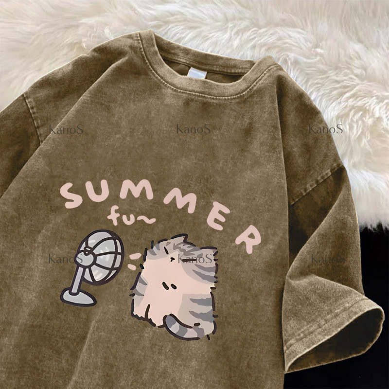 Kanos_shop | áo thun mèo, Hàn quốc dễ thương Cat with a fan print 100% cotton áo sơ mi tay ngắn