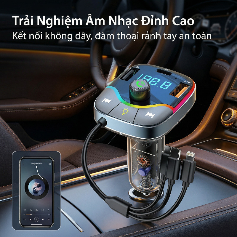Bộ sạc ô tô, sạc nhanh đa thiết bị 3 trong 1, sạc nhanh PD 3.1A, tích hợp Bluetooth, nhỏ gọn dễ mang theo