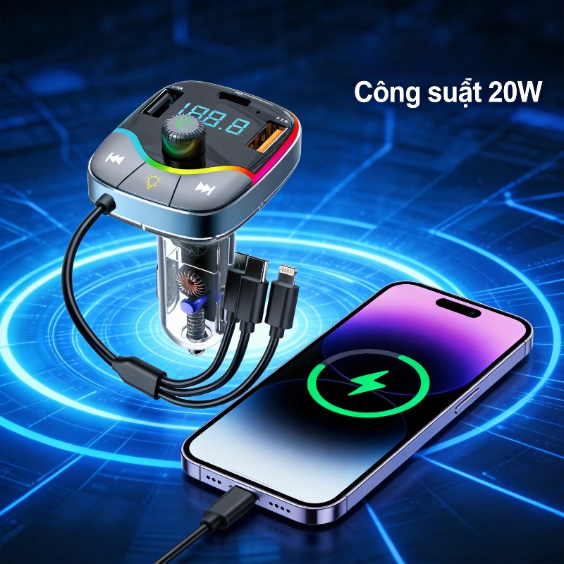 Bộ sạc ô tô, sạc nhanh đa thiết bị 3 trong 1, sạc nhanh PD 3.1A, tích hợp Bluetooth, nhỏ gọn dễ mang theo