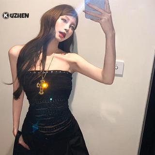 KUZHEN Áo Croptop Ren Xuyên Thấu Phong Cách Y2K Mùa Hè, Gợi Cảm