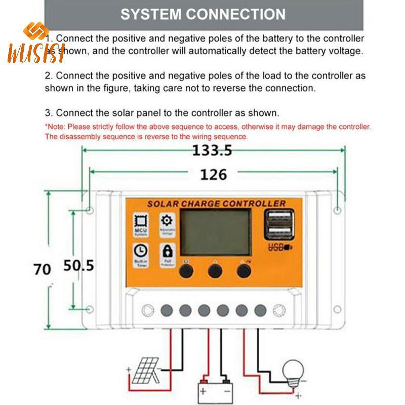 [WUSISI] Bộ điều khiển năng lượng mặt trời LCD 12V / 24V 30A 20A 10A Bộ điều chỉnh sạc năng lượng mặt trời Bộ sạc pin PWM Màn hình LCD USB kép 5V 2.5A Đầu ra MOS MỚI