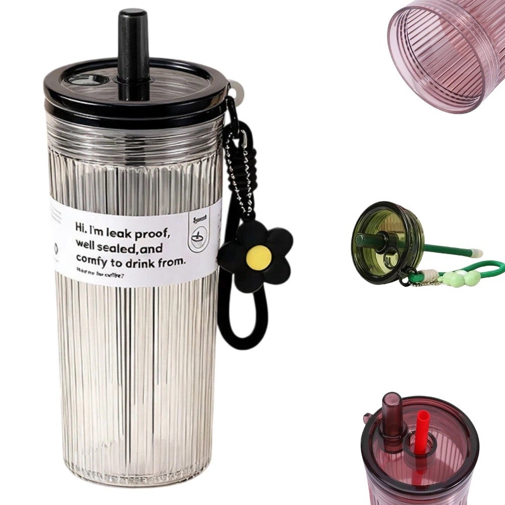 Cốc Rơm Nhựa Mùa Hè AWNGD, Cốc Nước Sinh Viên Chống Rò Rỉ Dung Tích Lớn 650ML, Di Động Có Nắp & Dây Treo Mặt Dây Chuyền Hoa Trong Suốt Cốc Uống Thể Thao Ngoài Trời
