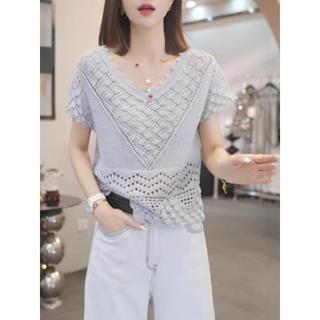 Áo thun cổ chữ V nữ, dệt kim mỏng nhẹ, thời trang dáng oversize