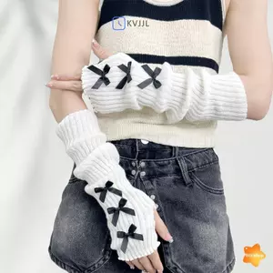 Găng tay nửa ngón nữ len dệt kim có nơ ruy băng - Phong cách thời trang và múa ba lê