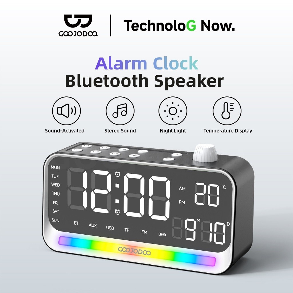 GOOJODOQ Loa Bluetooth GOOOJDOQ: Màn hình LED gương cho nhiệt độ và thời gian, đánh thức kích hoạt bằng giọng nói, loa âm thanh nổi Bluetooth 5.4, đèn ngủ xung quanh.