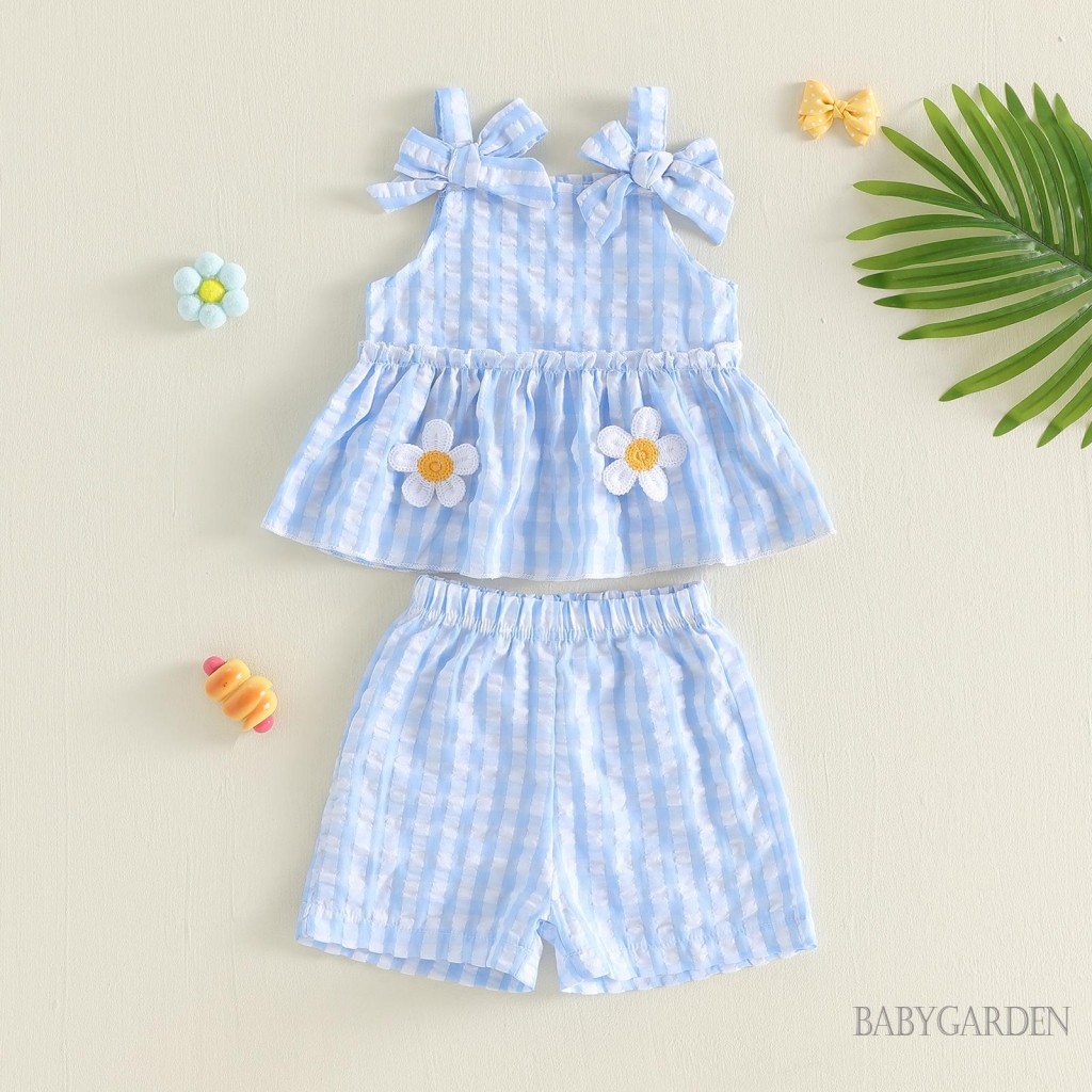 6M-4Y Bé Gái Mùa Hè Bộ Hoa / Bơ Thêu Kẻ Sọc Nơ Áo Bể Không Tay Áo Co Giãn Eo Quần Short