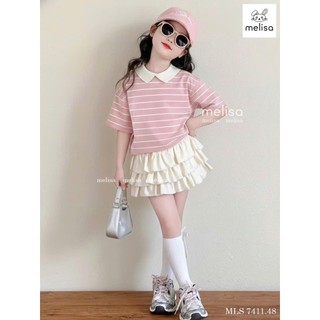12-38kg (hàng thiết kế) Set áo kẻ cổ bẻ mix chân váy tầng Melisa