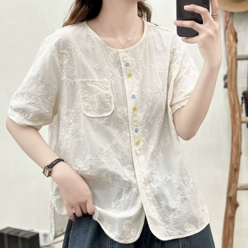 Áo sơ mi nữ cotton phong cách nước ngoài, màu nút sang trọng