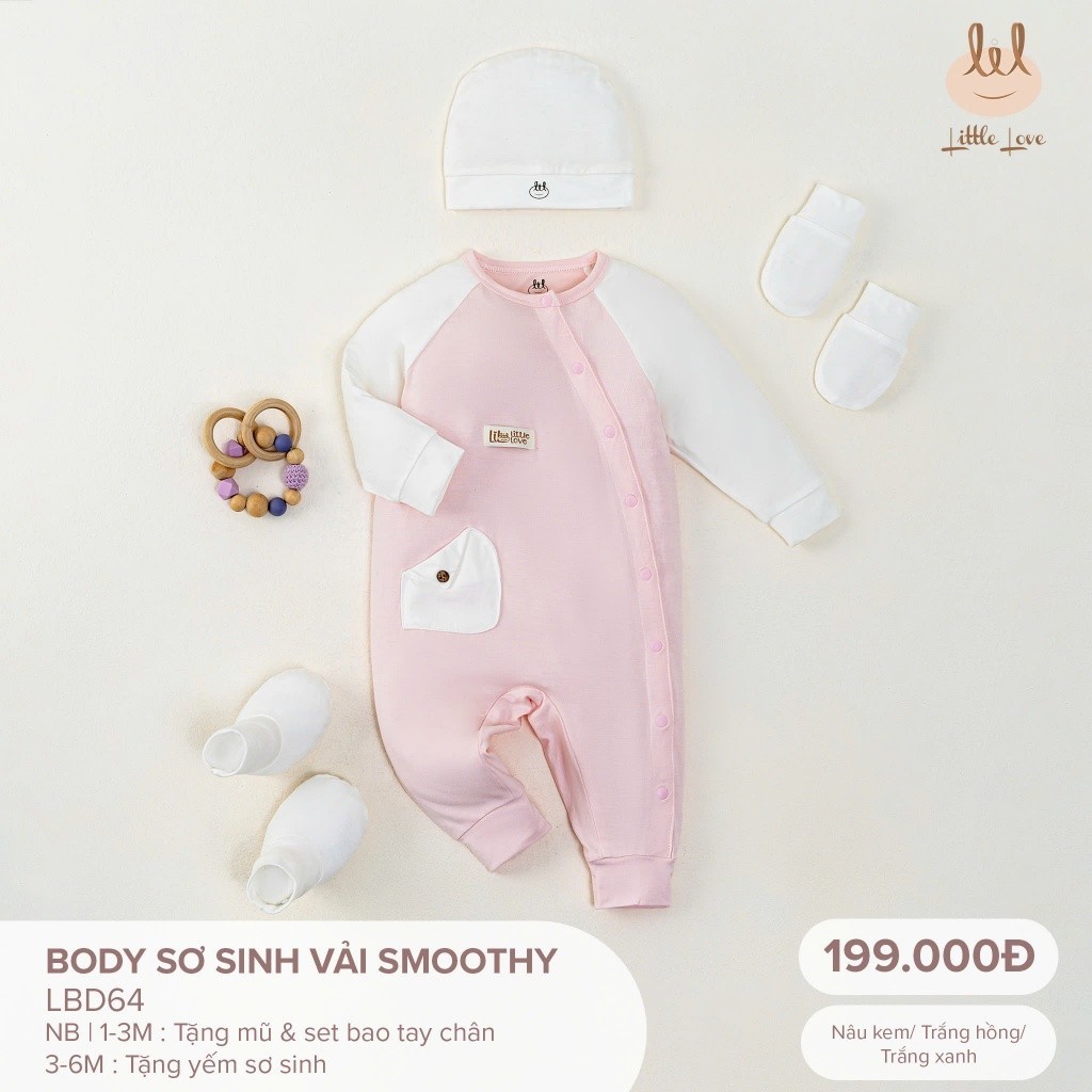 Body dài tay sơ sinh smoothy [ Mềm mịn, mát ] cho bé LiL Little Love (LBD64) có tặng kèm mũ sét bao tay chân Hoặc Yếm