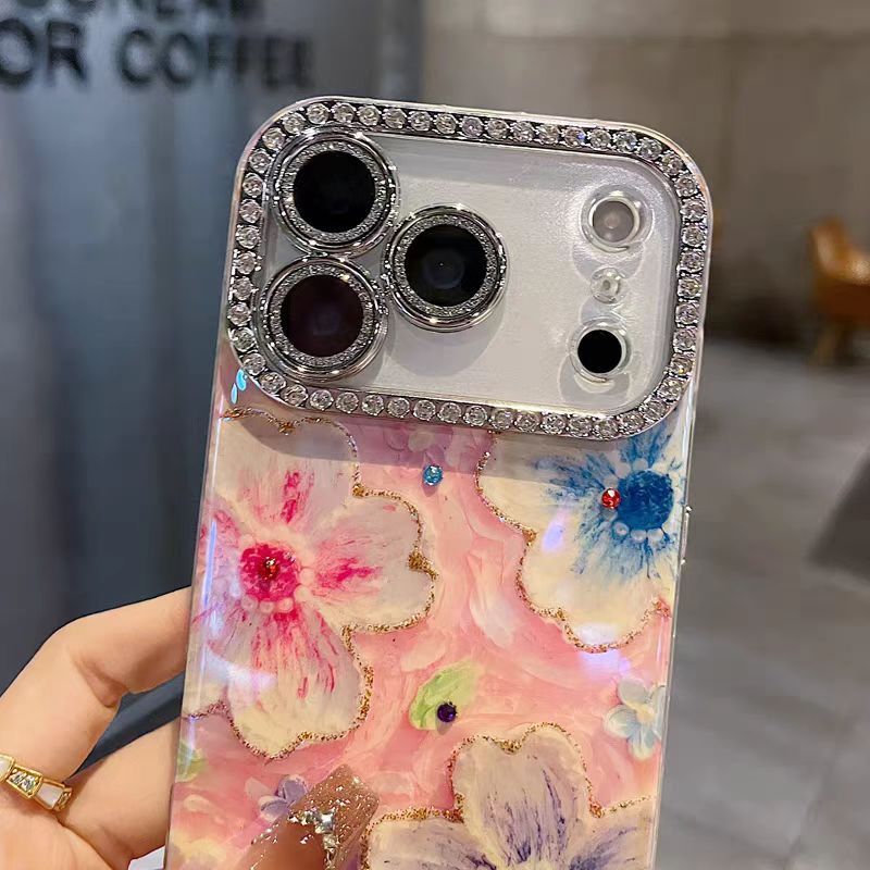 Ốp lưng cứng hình ống kính lấp lánh / Tranh sơn dầu hoa tương thích cho iPhone 13 14 pro max 15 pro max 16 pro max 17 Pro max